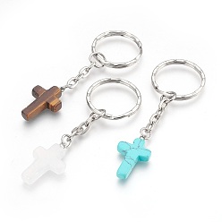 Mixed Material Natural & Synthetic Mixed Stone Keychain, with Iron Findings, Cross, Platinum, 72~77mm, Ring: 25x2.5mm, Pendant: 25~26x15~16x4~5mm