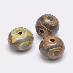 Olive Drab Tibetan Style 3-Eye dZi Beads, Natural Agate Beads, Dyed & Heated, Rondelle, Olive Drab, 14~15x10~12mm, Hole: 2.5~3mm