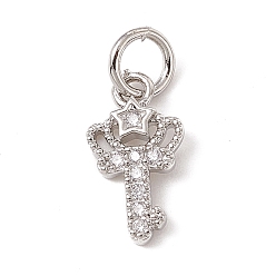 Platinum Brass Micro Pave Cubic Zirconia Charms, with Jump Rings, Crown Key with Star Charms, Platinum, 12x7x1.5mm, Hole: 3.4mm