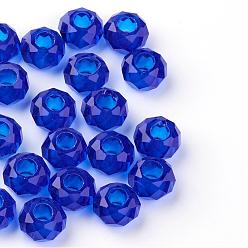 Azul Oscuro Granos europeos de cristal, abalorios de grande agujero, sin núcleo metálico, Rondana plana, azul oscuro, 14x8 mm, agujero: 5 mm