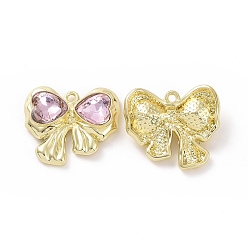 Perlas de Color Rosa Colgantes de vidrio de aleación de chapado en rack, dijes de corazón y lazo en tono dorado claro, sin cadmio y sin plomo y sin níquel, rosa perla, 20x22.5x5 mm, agujero: 1.5 mm