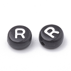 Letter R Opaque Acrylic Beads, Horizontal Hole, Alphabet Style, Flat Round, Letter.R, 7x4mm, Hole: 1.5mm, about 3700pcs/500g