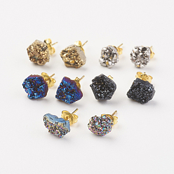 Mixed Color Electroplate Natural Druzy Agate Stud Earrings, with Brass Findings, Nuggets, Golden, Mixed Color, 6~11x4~10x3~5mm, Pin: 0.7mm
