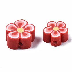Red Handmade Polymer Clay Beads, Flower, Red, 7~10x7~11x3~5mm, Hole: 1.6mm