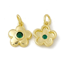Green Rack Plating Brass Cubic Zirconia Charms, with Jump Ring, Real 18K Gold Plated, Long-Lasting Plated, Cadmium Free & Nickel Free & Lead Free, 5-Petal Flower Charm, Green, 12x10.5x2.5mm, Jump Ring: 5x0.9mm, Inner Diameter: 3.2mm