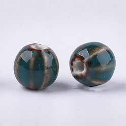 Teal Handmade Porcelain Beads, Fancy Antique Glazed Porcelain, Round, Teal, 11~12x10~11x10~10.5mm, Hole: 2~2.5mm