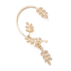 Golden Leaf Crystal Rhinestone Ear Cuffs with Piercing, Alloy Wrap Stud Earrings for Women, Golden, 64x40x14mm, Pin: 0.5mm