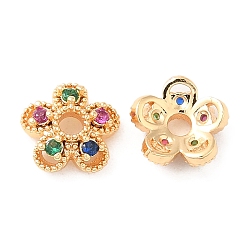 Real 18K Gold Plated Brass & Cubic Zirconia Bead Caps, Flower, Real 18K Gold Plated, 7.5x8x3mm, Hole: 1.8mm
