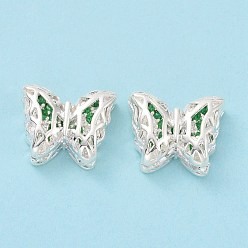 Green Eco-friendly Brass Cubic Zirconia Multi-Strand Links, Cadmium Free & Lead Free, Butterfly, Silver Color Plated, Green, 11x14x5.6mm, Hole: 1.2mm