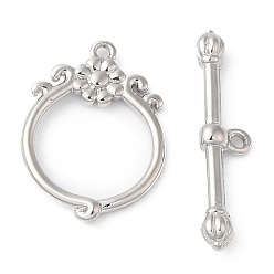 Real Platinum Plated Brass Toggle Clasps, Ring with Flower, Real Platinum Plated, Ring: 18.5x13x2mm, Hole: 1mm, Bar: 22x5x3mm, Hole: 1mm