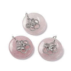 Rose Quartz Natural Rose Quartz Pendants, Flat Round Charms, with Platinum Tone Brass Flower with Butterfly Findings, Cadmium Free & Nickel Free & Lead Free, 30~35x28~32x10~10.5mm, Hole: 2mm