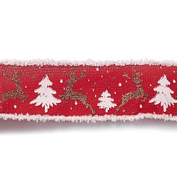 FireBrick Christmas Theme Wired Linen Ribbon, Fuzzy Edged Ribbon, Deer & Christmas Tree Print, FireBrick, 2-1/2 inch(65mm), about 10.94 Yards(10m)/Roll