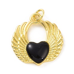 Black Rack Plating Brass Enamel Pendants, with Jump Ring, Long-Lasting Plated, Real 18K Gold Plated, Cadmium Free & Lead Free, Wing with Heart Charm, Black, 20.5x19x3.5mm, Jump Ring: 5x0.8mm, Inner Diameter: 3.5mm