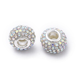Cristal AB Qualité perles Européennes strass, Perles avec un grand trou   , résine, avec noyau en laiton plaqué couleur argent, rondelle, cristal ab, 15x10mm, Trou: 5mm