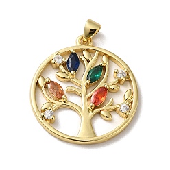 Real 18K Gold Plated Rack Plating Brass Micro Pave Cubic Zirconia Pendants, Long-Lasting Plated, Lead Free & Cadmium Free, Round Ring with Tree of Life Charm, Real 18K Gold Plated, 28x25x3mm, Hole: 5x3.5mm