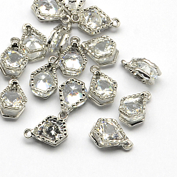 Platinum Alloy Charms, with Cubic Zirconia, Platinum, 13x8x5mm, Hole: 1mm