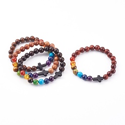 Mixed Color Chakra Jewelry, Natural Wood Beaded Stretch Bracelets, with Natural & Synthetic Gemstone Beads, Round & Cross, Mixed Color, Inner Diameter: 2-1/8~2-1/4 inch(5.3~5.6cm)