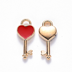 Red Alloy Enamel Pendants, Heart Key, Light Gold, Red, 16x7x2.5mm, Hole: 1.8mm