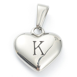 Letter K 304 Stainless Steel Pendants, Heart with Black Letter, Stainless Steel Color, Letter.K, 16x16x4.5mm, Hole: 7x3mm