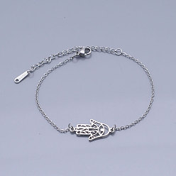 Stainless Steel Color 201 Stainless Steel Link Bracelets, with Lobster Claw Clasps, Hamsa Hand, Stainless Steel Color, 6-3/4 inch~6-7/8 inch(17.2~17.3cm)