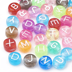Couleur Mélangete Perles acryliques transparentes, trou horizontal, mélange de lettres, plat rond, couleur mixte, 7x4mm, Trou: 1.5mm, environ3700 pcs / 500 g