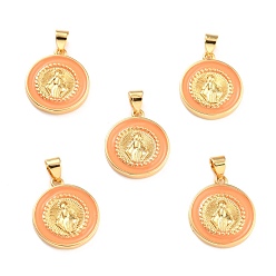 Orange Brass Enamel Pendants, Cadmium Free & Lead Free, Long-Lasting Plated, Flat Round with Virgin Mary, Real 18K Gold Plated, Orange, 18x16x2.5mm, Hole: 4.5x3.5mm