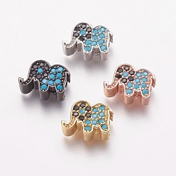 Mixed Color Brass Cubic Zirconia Beads, Elephant, Deep Sky Blue, Mixed Color, 8x10.5x4mm, Hole: 2mm