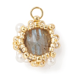 Labradorite Natural Labradorite Pendants, Faceted Flat Round Charms with TOHO Round Seed Beads and Round Shell Pearl Beads Wrapped, Real 18K Gold Plated, 15x13.5x6.5mm, Hole: 2.6mm