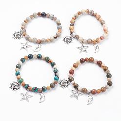 Mixed Stone Natural Gemstone Charm Bracelets, with Tibetan Style Pendants, Sun & Star & Moon, 2-1/4 inch(57mm)