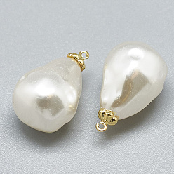 Ivoire Pendentifs en plastique imitation perle abs, avec les accessoires en laiton, larme, réel 18 k plaqué or, blanc crème, 21.5x14x14mm, Trou: 0.5mm