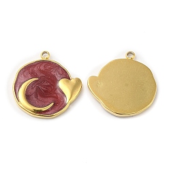 Dark Red Real 18K Gold Plated 304 Stainless Steel Pendants, with Enamel, Flat Round with Moon & Heart Charm, Dark Red, 17.5x17x2mm, Hole: 1.4mm