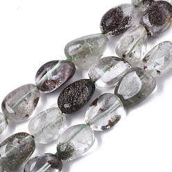 Quartz Lodolite Quartz lodolite vert naturel / quartz de jardin / brins de perles de quartz fantôme vert, pierre tombée, nuggets, 12~15x9~10x6~9mm, Trou: 0.9mm, Environ 32 pcs/chapelet, 15.75 pouce (40 cm)