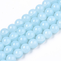 Light Blue Imitation Jade Glass Beads, Crackle, Dyed & Heated, Round, Light Blue, 8x7.5mm, Hole: 1.5mm, about 51~52pcs/strand, 15.35~15.55 inch(39~39.5cm)