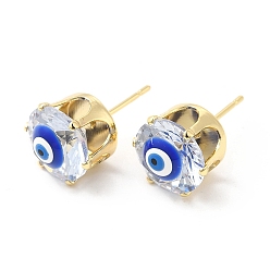 Bleu Boucles d'oreilles rondes plates en verre avec mauvais œil en émail, bijoux en laiton plaqué or véritable 18k pour femmes, bleu, 11mm, pin: 0.8 mm