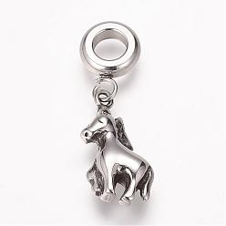 Horse 304 Stainless Steel European Dangle Charms, Large Hole Pendants, Antique Silver, Chinese Zodiac, Horse, 26mm, Hole: 5mm, Pendant: 16x10x4.5mm