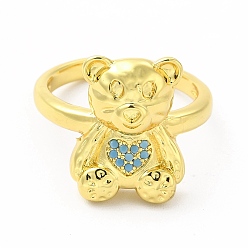Light Sky Blue Cubic Zirconia Bear with Heart Open Cuff Ring, Golden Brass Jewelry for Women, Light Sky Blue, Inner Diameter: 17mm