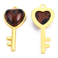 Mahogany Obsidian Natural Mahogany Obsidian Pendants, with Light Gold Plated Brass Findings, Key with Heart Charm, 38x17x6.5~7mm, Hole: 1.8mm