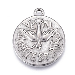 Stainless Steel Color 304 Stainless Steel Pendants, Flat Round with Eagle, Stainless Steel Color, 22x19x3mm, Hole: 1.8mm