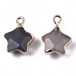 Grey Agate Natural Grey Agate Pendants, with Light Gold Plated Edge and Brass Loop, Star, Faceted, 16~17x13x6.5mm, Hole: 1.6mm