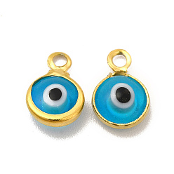 Deep Sky Blue Ion Plating(IP) 304 Stainless Steel with Glass Enamel Charms, Real 18K Gold Plated, Flat Round with Evil Eye Pattern, Deep Sky Blue, 9.5x6.5x2.5mm, Hole: 1.6mm