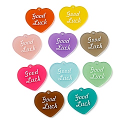 Mixed Color Acrylic Pendants, Heart with word good luck, Mixed Color, 28x31x2mm, Hole: 2mm