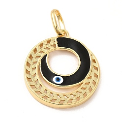 Black Brass Pendants, with Enamel, Real 18K Gold Plated, Long-Lasting Plated, Round Ring with Evil Eye Charm, Black, 36.5x32.5x3.5mm, Hole: 11x7.5mm
