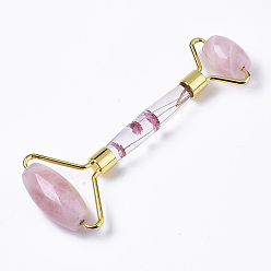 Oro Herramientas naturales de masaje de cuarzo rosa, rodillos faciales, con asa de cristal k y flor seca y fornituras de aleación de zinc, dorado, 9 mm