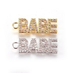 Mixed Color Brass Micro Pave Cubic Zirconia Pendants, Word Babe, Clear, Mixed Color, 30x10x2mm, Hole: 3mm