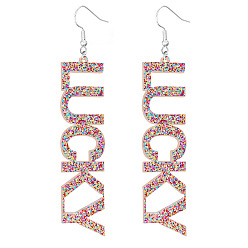 Coloré Boucles d'oreilles pendantes mot chanceux en acrylique bling, bijoux de féminisme en fer plaqué platine pour femmes, colorées, 70mm