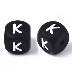 Letter K Food Grade Eco-Friendly Silicone Beads, Horizontal Hole, Chewing Beads For Teethers, DIY Nursing Necklaces Making, Cube, Black, Letter.K, 12x12x12mm, Hole: 2mm