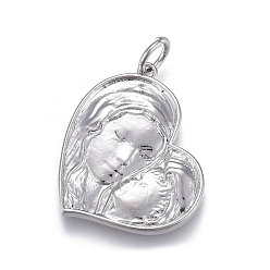 Real Platinum Plated Brass Pendants, with Jump Rings, for Mother's Day, Long-Lasting Plated, Heart with Mother and Son, Real Platinum Plated, 20.5x17x2.5mm, Hole: 3mm