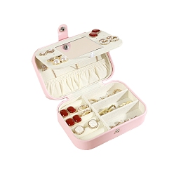 Pink Boîte de rangement de bijoux en cuir pu rectangulaire avec bouton-pression, coffret à bijoux portable de voyage avec miroir à l'intérieur, pour les colliers, Anneaux, boucles d'oreilles et pendentifs, rose, 16x11.5x5.5 cm