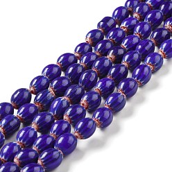 Midnight Blue Handmade Lampwork Beads Strands, Oval with Flower, Midnight Blue, 11.5~12.5x9.5mm, Hole: 1.2mm, about 26~27pcs/strand, 12.99~13.39 inch(33~34cm)