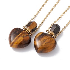 Tiger Eye Openable Heart Natural Tiger Eye Perfume Bottle Pendant Necklaces for Women, 304 Stainless Steel Cable Chain Necklaces, Golden, 18.62 inch(47.3cm)